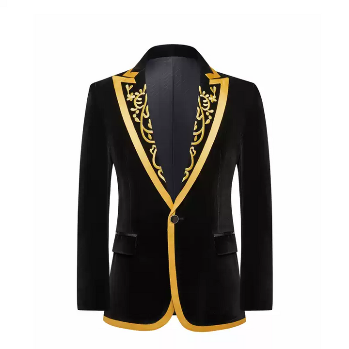 Black Baroque Mens Blazer – Velvet Suit Jacket with Gold Lapel Trim and Embroidered Detail Plus Size