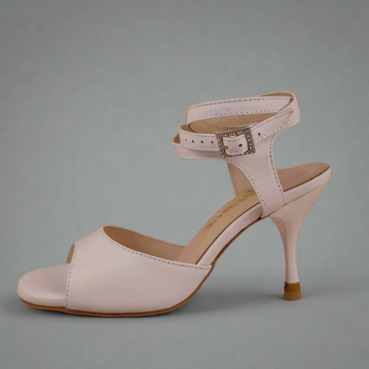Handmade Tango Cowhide Leather Latin Dance Shoes with Rhinestone Buckle in White Leather