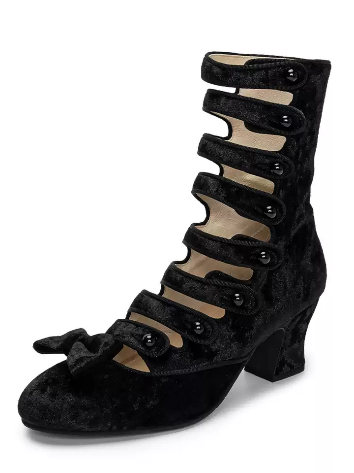 Handmade Gothic Black Velvet Lambskin Leather Button-Up Heels with Convertible Bow