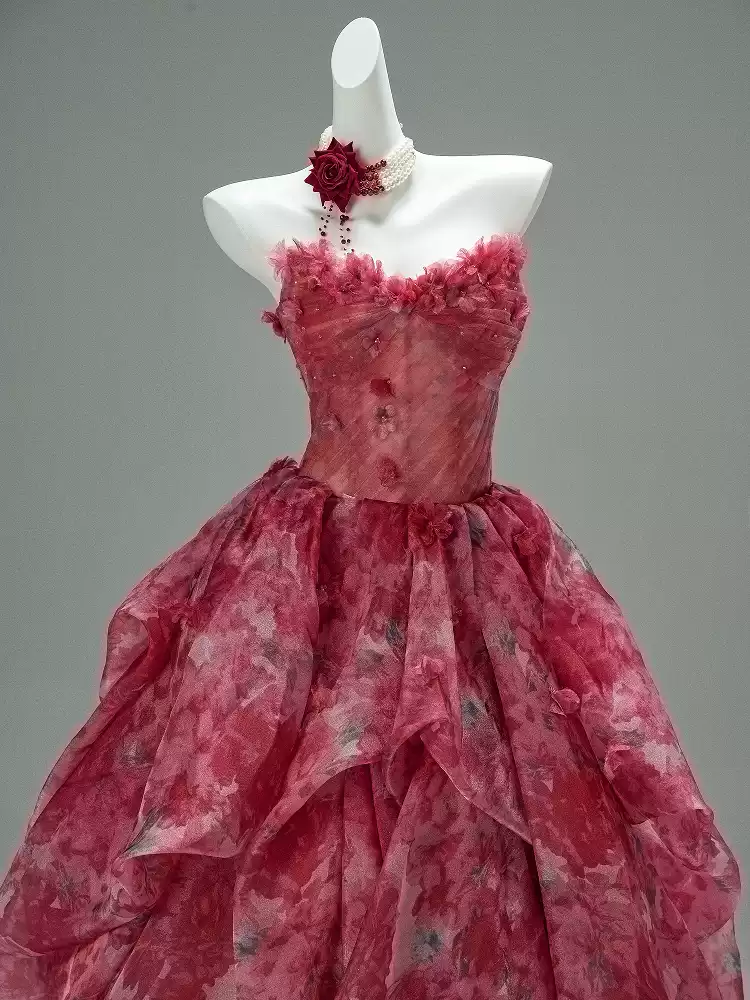 Flower Ball Gown Red Prom Dress – Strapless Evening Dress with Draped Floral Tulle Skirt Plus Size