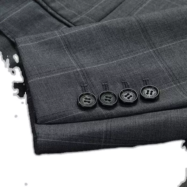 Grey Plaid Suit Blazer with Peak Lapel and Flap Pockets for Men Plus Size