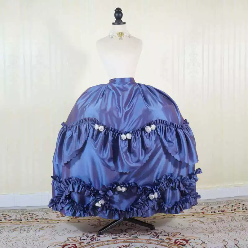 Royal Blue Rococo Ball Gown with Floral Lace and Ruffled Detailing – Victorian-Inspired Wedding Dress with Long Sleeves Plus Size