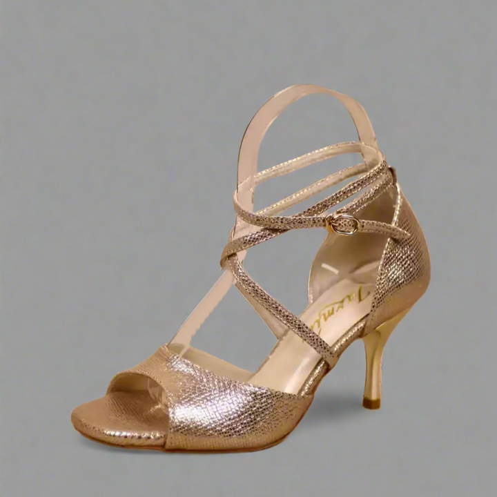 Handmade Tango Cowhide Leather Gold Latin Dance Shoes with Cross Straps – Ladies Latin Dance Shoes