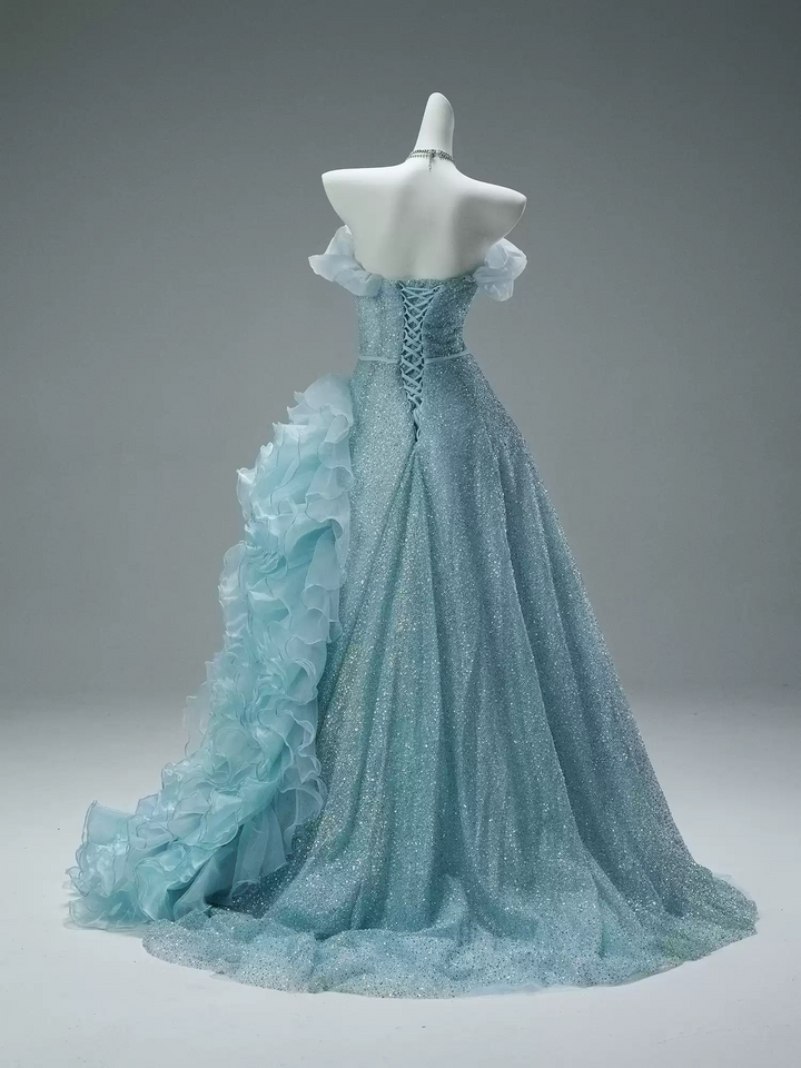 Blue Strapless Layered Tulle Ruffle Dress with Floral Appliqué – Sparkly Sequin Evening Dress with Corset Plus Size