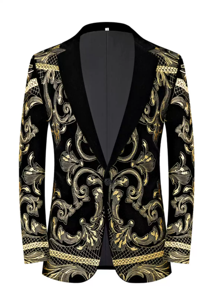 Black Baroque Mens Suit – Velvet Blazer and Pants Set with Gold Embroidered Pattern Plus Size