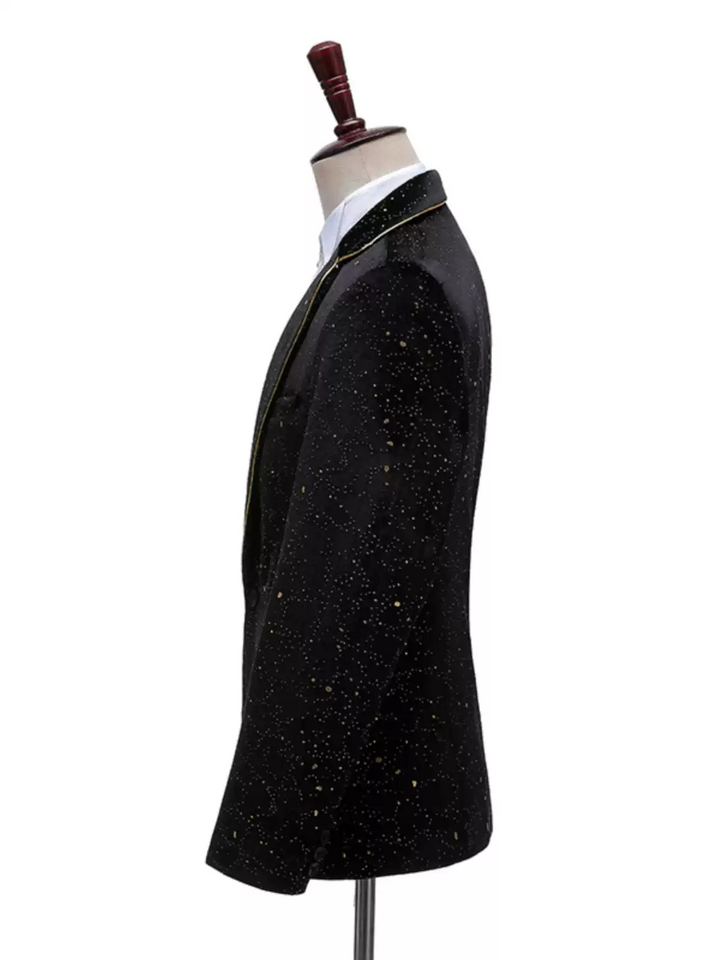 Black Glitter Mens Suit – Sparkly Two-Piece Blazer and Pants Set with Gold Trim Plus Size
