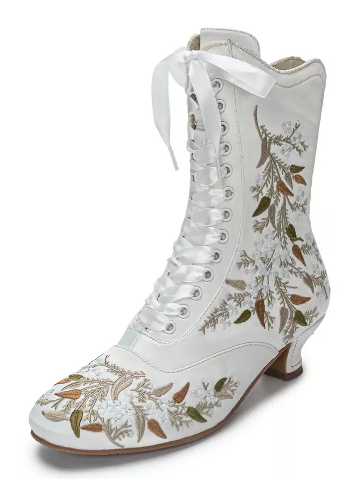 Handmade Victorian White Embroidered Silk Lace-Up Mid-Calf Boots with Lambskin Insole
