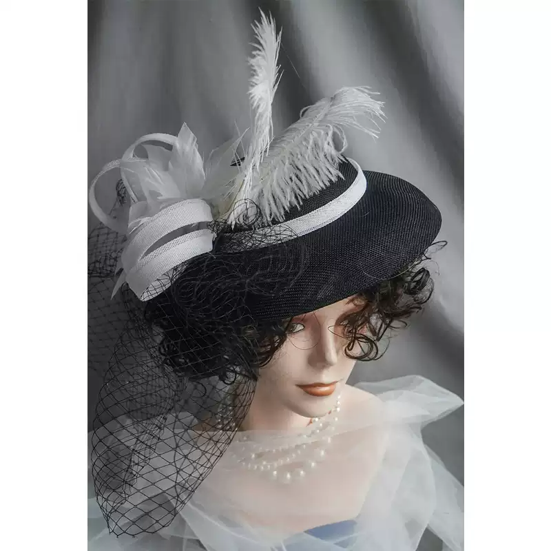 Dramatic Black Fascinator Hat with Feather - Black Bowler  display picture 1