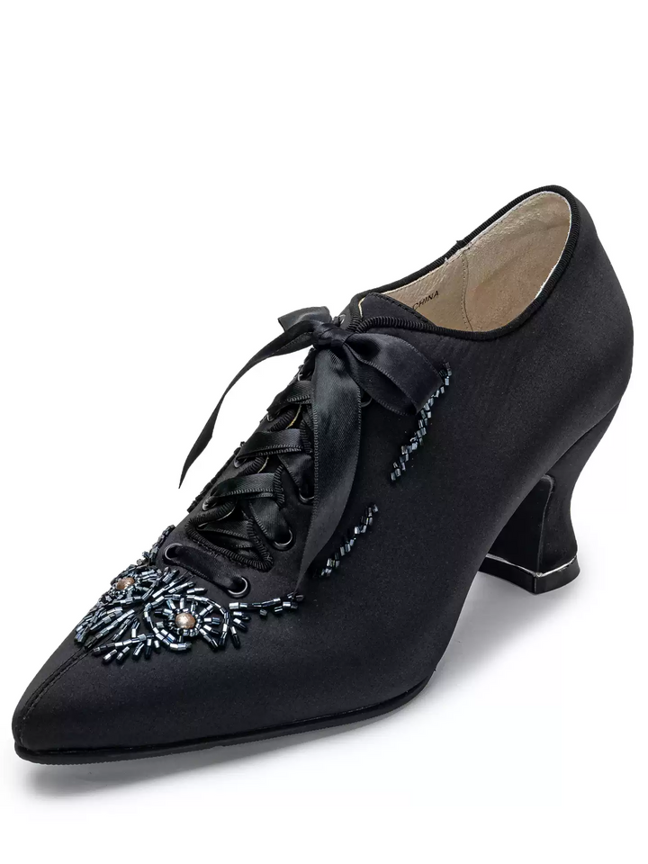 Handmade Gothic Black Silk Satin Victorian Lace-Up Heels with Beaded Embroidery
