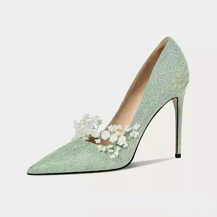 Vintage-Inspired Green Lace Bridal Shoes with Pearl Embellishments - High Heels