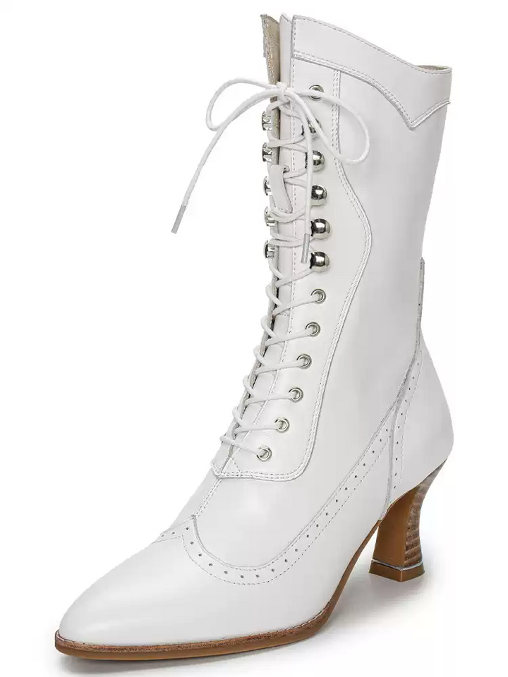Handmade Regency White Lace-Up Mid-Calf Cowhide Leather Boots