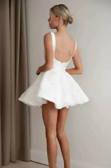 Short Bridal Wedding Dress with Sleeveless Design and Square Neckline  – Sequin Wedding Dress Beaded Plus Size