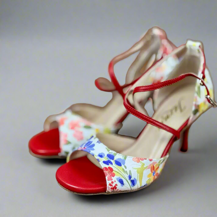 Handmade Tango Cowhide Leather Red Floral Latin Dance Shoes with Criss-Cross Strap – Tango Shoes Madame Pivot