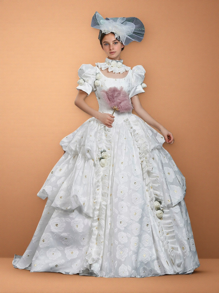 Marie Antoinette Wedding Dress in White Rococo Floral Fabric with Puff Sleeves and Tiered Skirt – Baroque Ball Gown Plus Size