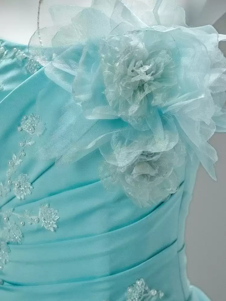 Blue Ball Gown with Floral Appliqué – Strapless Layered Tulle Ruffle Dress with Lace-Up Back Plus Size