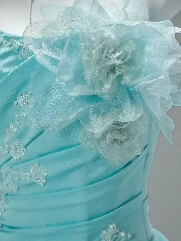 Blue Ball Gown with Floral Appliqué – Strapless Layered Tulle Ruffle Dress with Lace-Up Back Plus Size
