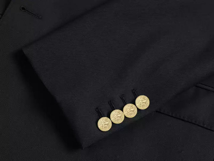 Mens Double Breasted Blazer in Black Wool with Peak Lapel and Gold Buttons Plus Size