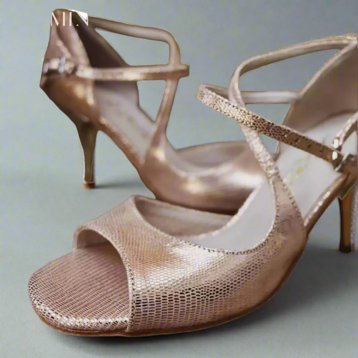 Handmade Tango Cowhide Leather Rose Gold Ladies Latin Dance Shoes - Ladies Latin Dance Shoes