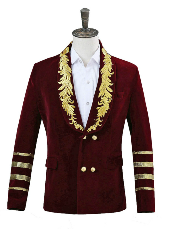 Burgundy Regency Mens Suit - Double Breasted Blazer with Gold Embroidered and Sleeve Stripes Plus Size