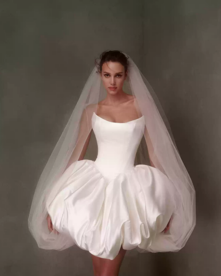 Short Satin Wedding Dress with Dramatic Bubble Skirt – Bubble Hem Dress with Strapless   - Strapless Wedding Dress Plus Size