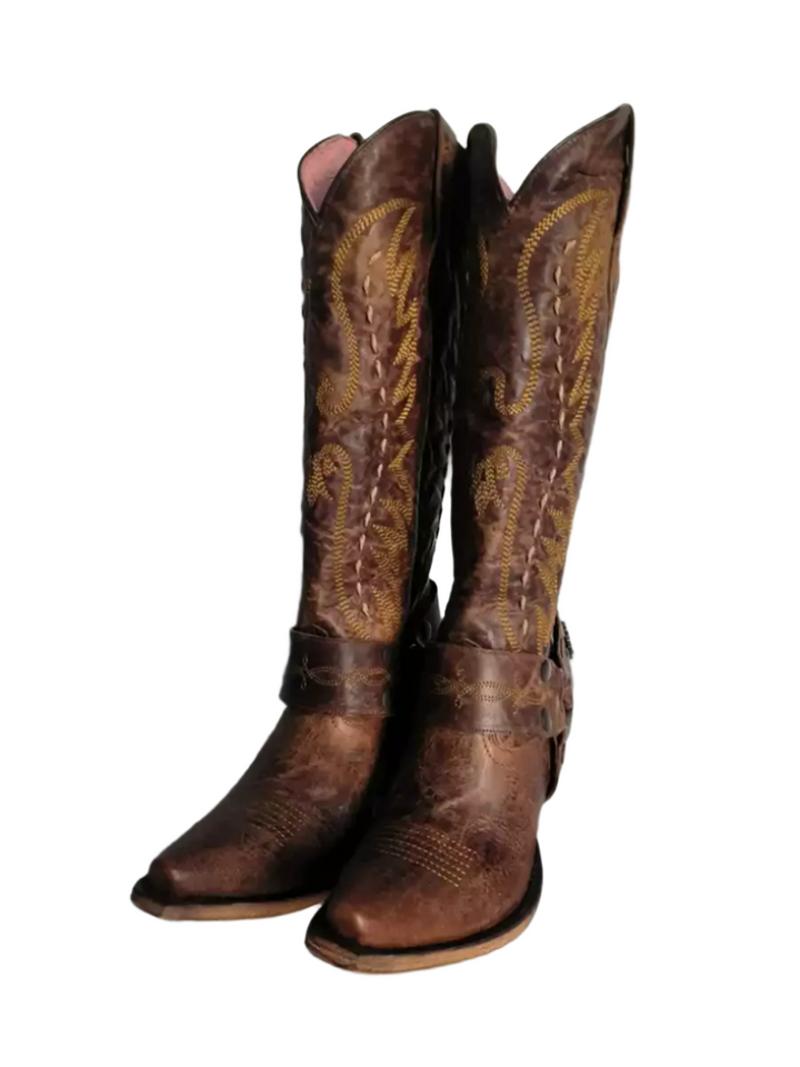 Vintage-Inspired Brown Cowgirl Boots with Embroidered Detailing – Western Knee-High Boots with Buckle Strap