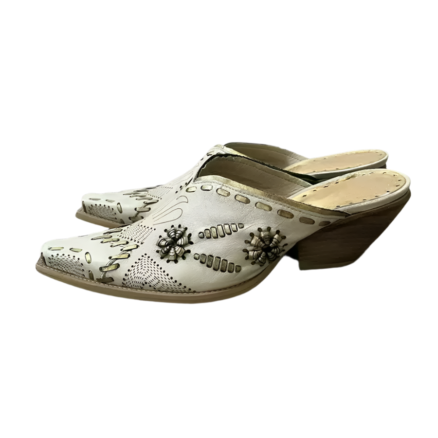 Vintgae-Inspired White Embroidered Cowgirl Mules – Western Pointed-Toe High Heel Slip-On Shoes