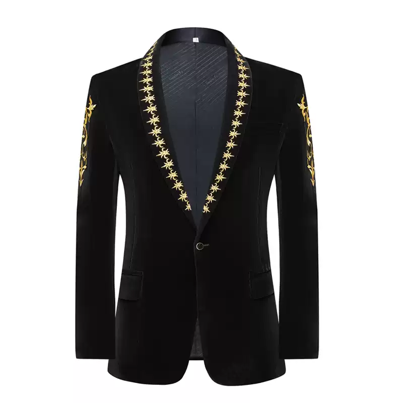 Black Baroque Mens Blazer – Velvet Suit Jacket with Gold Embroidered Lapel and Shoulder Detail Plus Size