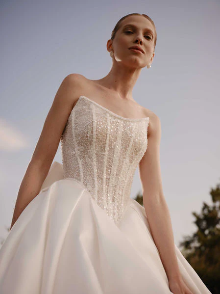 Strapless Wedding Gown with Bow and Lace – Embroidered Dresses for Wedding - A-Lin Wedding Dress Plus Size - Selena