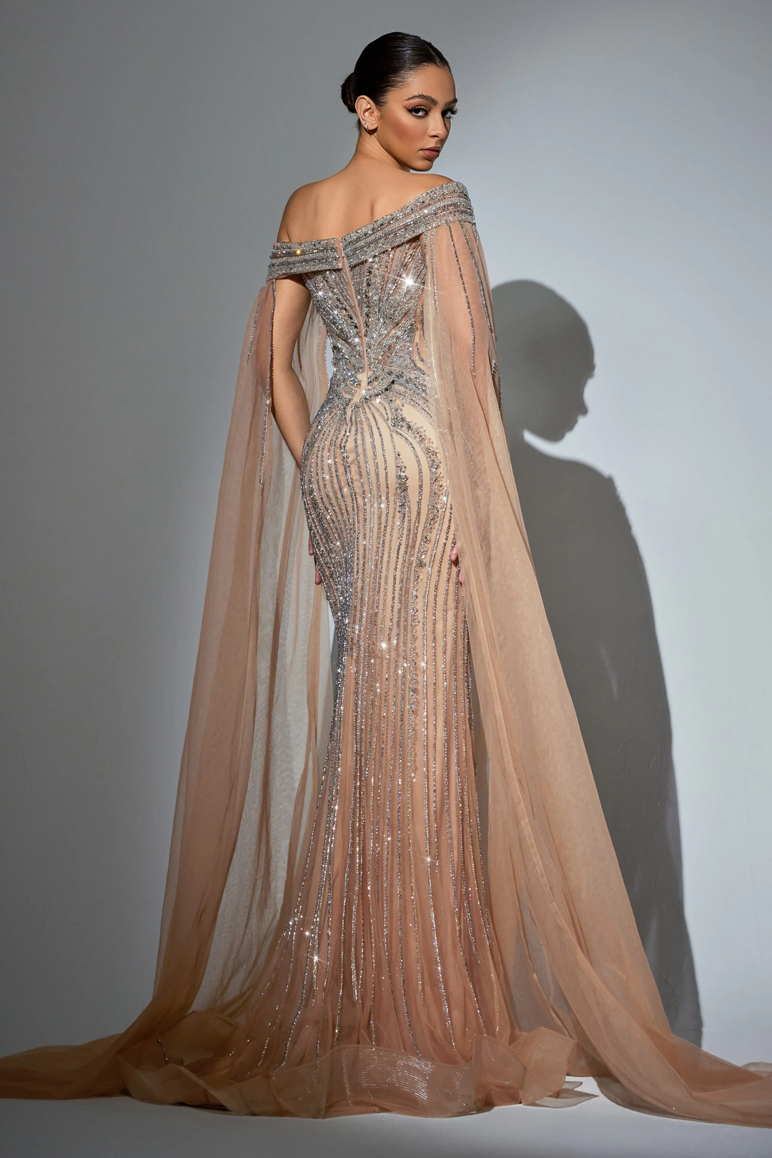 Pink Sequin Off-Shoulder Evening Gown with Crystal Beaded Detailing – Embellished Designer Gown with Flowing Sheer Train Plus Size
