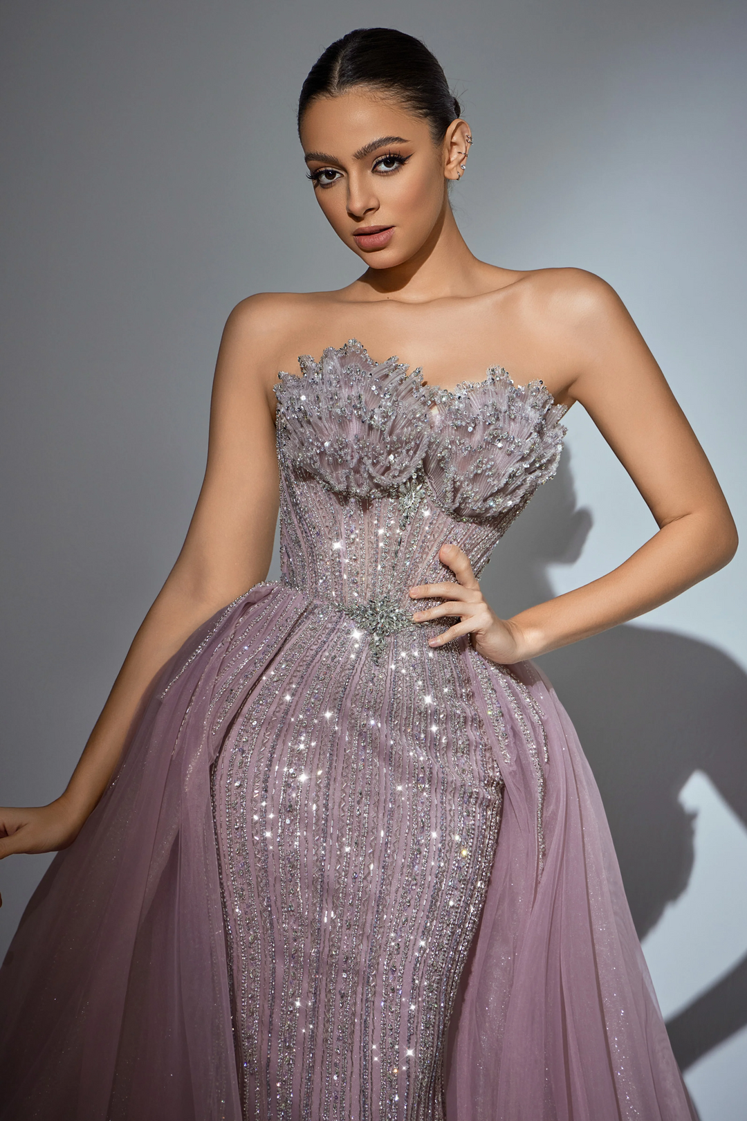 Black Sequin Evening Gown with Beaded Corset – Strapless Glitter Maxi Dress with High Slit and Sheer Train Plus Size