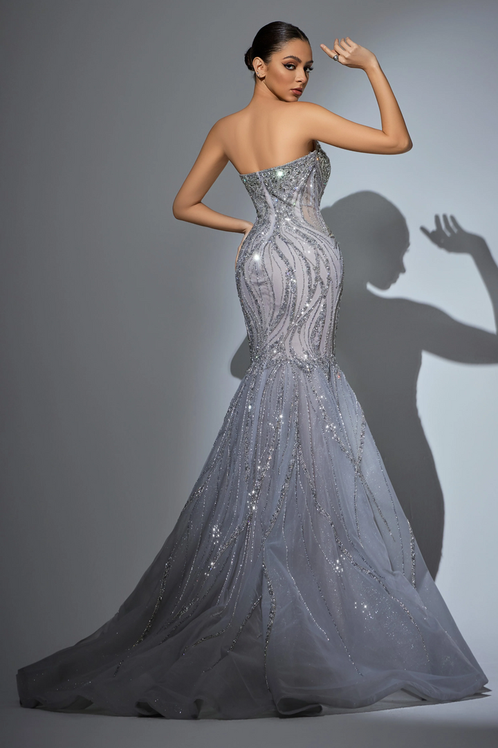 Champagne Sequin Evening Gown with Beaded Corset – Sparkly Maxi Dress with High Slit and Tulle Skirt Plus Size