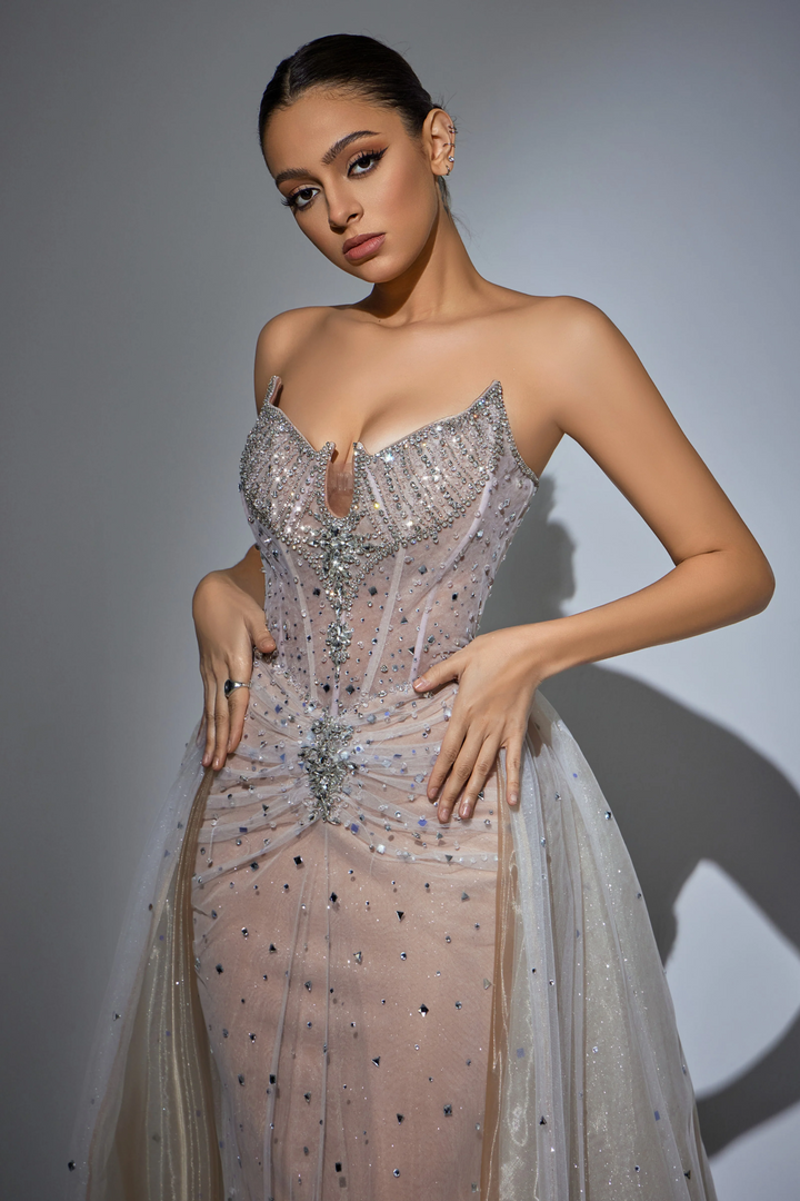 White Strapless Glitter Dress with High Slit - Embellished Gown with Beaded Detailing – Pink Sequin Dress Plus Size
