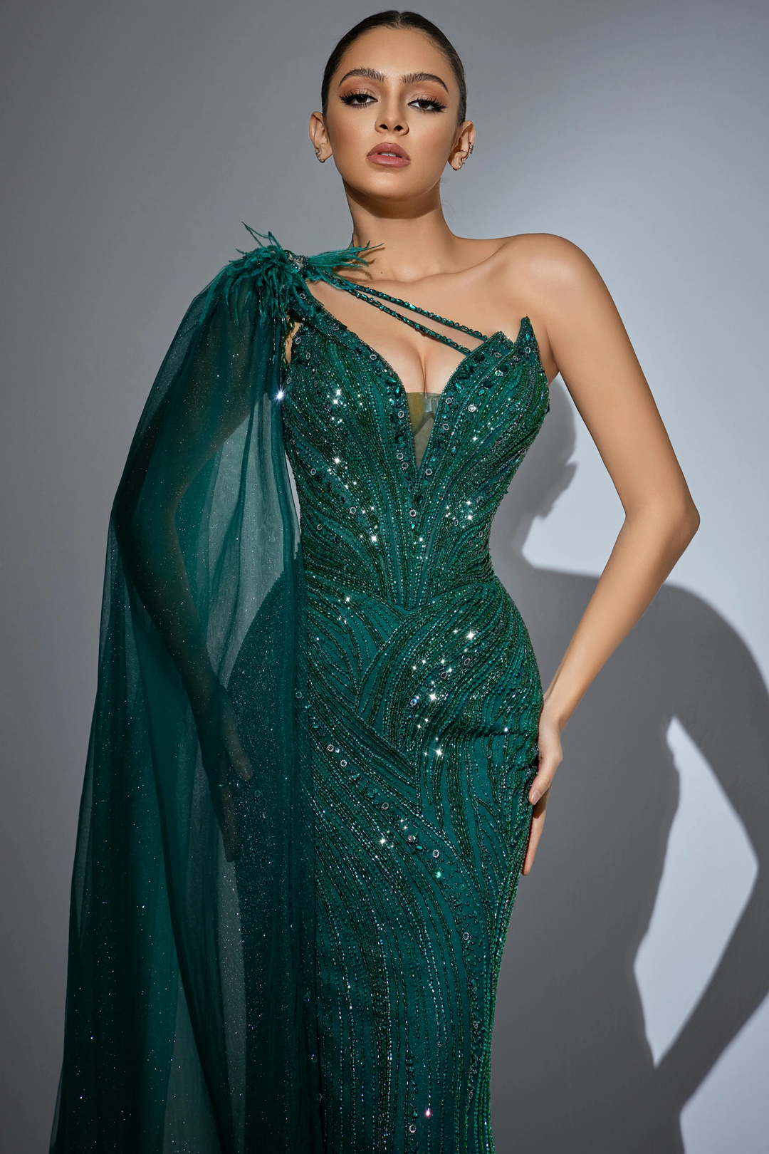 Champagne Embellished Gown with One Shoulder Feather Detail – Sequin and Feather Dress Plus Size