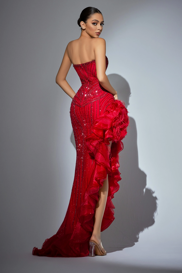 Red Strapless Ruffled Evening Gown with High Slit and Crystal Beaded Detailing – Designer Sequin Gown with Dramatic Ruffles Plus Size