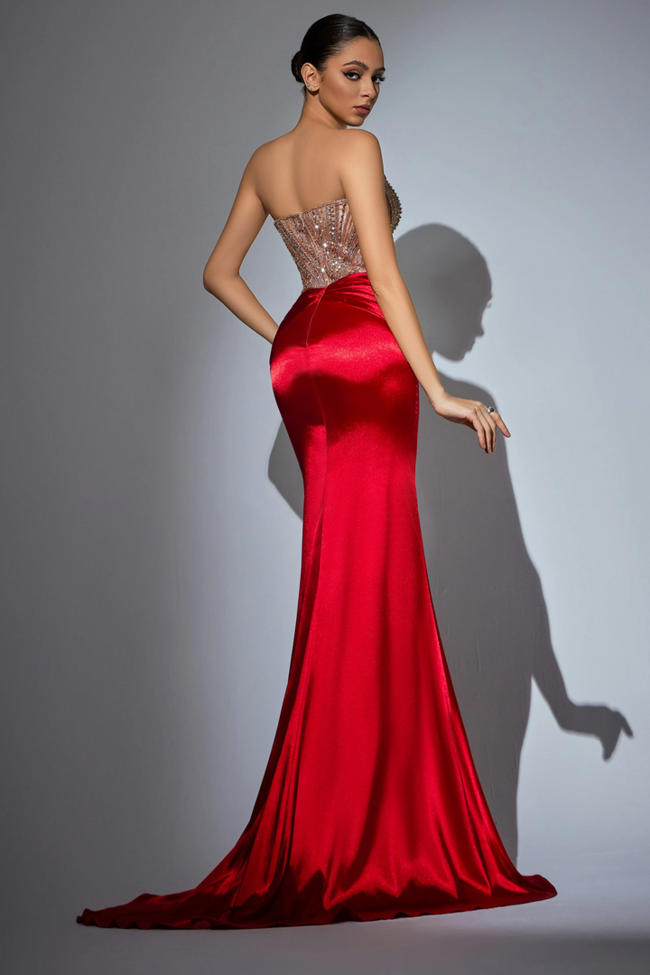 Red Sequin Evening Gown with Beaded Corset – Strapless Glitter Dress with Satin Skirt and High Slit Plus Size