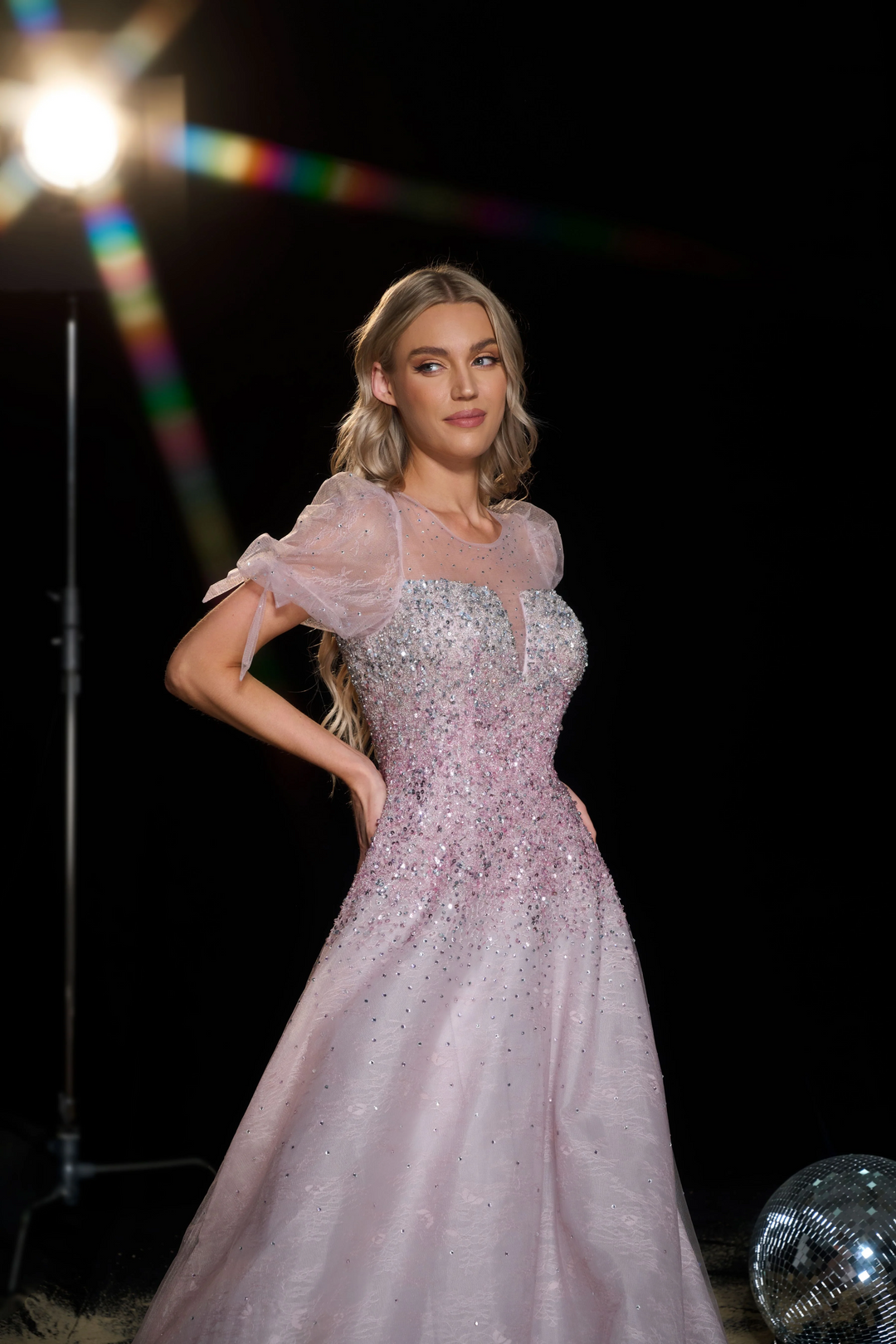 Blush Pink Sequin Ball Gown with Puff Sleeves - Embellished Gown with Sweetheart Neckline - Sparkly Pink Sequin Dress Plus Size