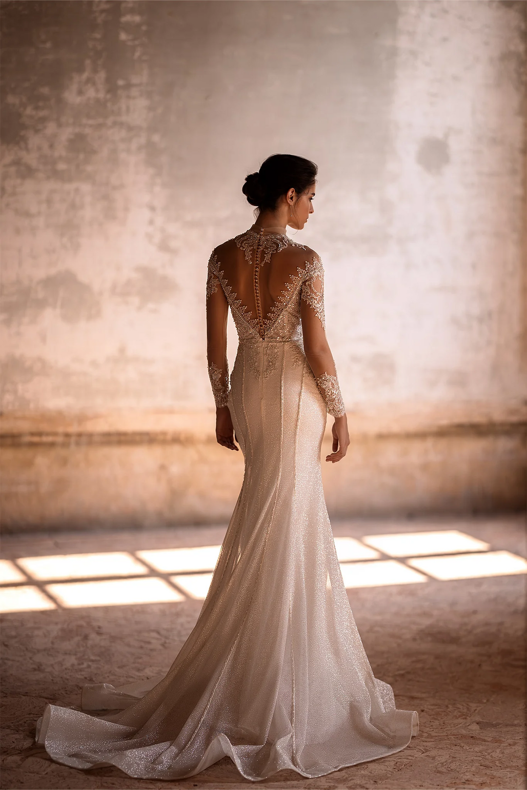 Ivory Sparkly Ball Gown Wedding Dress with Long Sleeves and Convertible Train - Embellished Mermaid Gown with Motif Details Plus Size