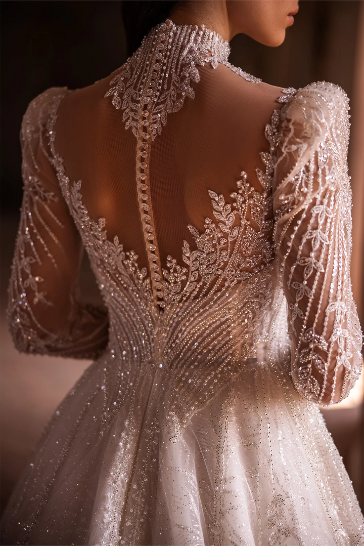 Ivory Long Sleeves Wedding Dress - Sparkly Ball Gown Wedding Dress with Jeweled Illusion Back – Embellished Gown with A-Line and Feminine Accents Plus Size