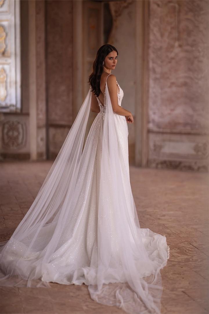 Ivory A-Line Spaghetti Strap Wedding Dress with V-Neck – Sleeveless Lace Wedding Dress with Thigh Slit and Flowing Sheer Train Plus Size