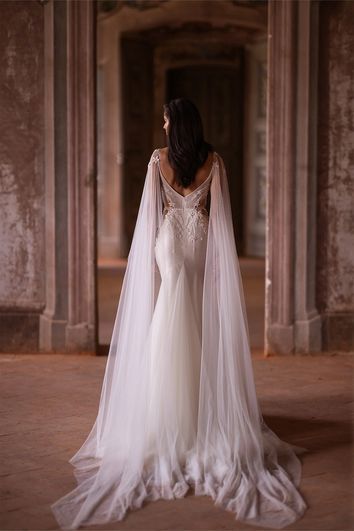 Ivory Tulle Mermaid Wedding Dress with Lace and Sheer Train – V-Neck Wedding Gown with Floral Lace Bodice and Sheer Veil Plus Size