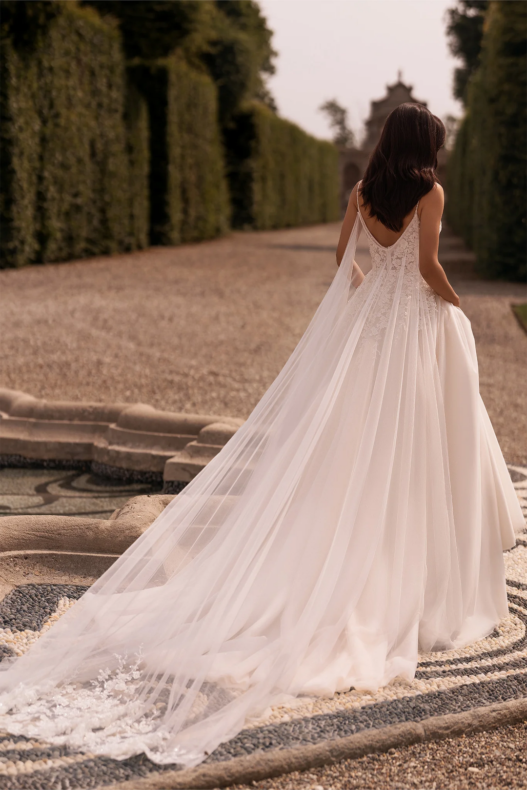 Ivory A-Line Wedding Dress with Floral Guipure Bodice and Sheer Skirt – Spaghetti Strap Wedding Gown with Flowing Veil Plus Size