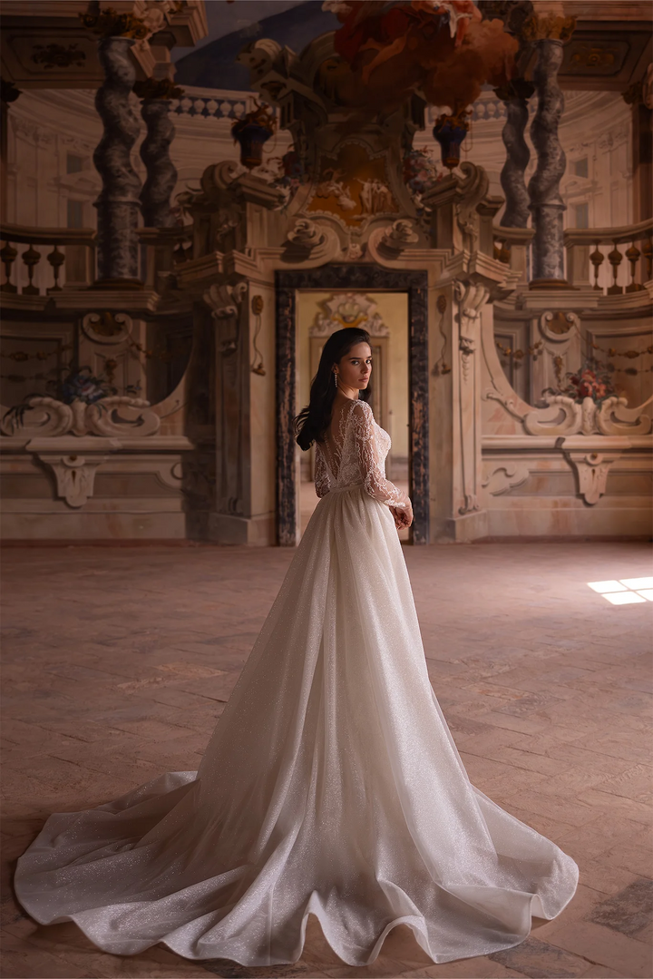 Ivory Tulle Mermaid Wedding Dress with V-Neck and Long Sleeves – Embellished Wedding Gown with Jeweled Details and Train Plus Size