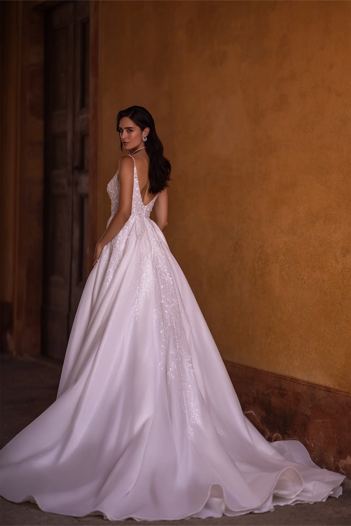 Ivory Satin Wedding Dress with V-Neck and High Thigh Slit – Spaghetti Strap Wedding Gown with Sparkling Detailing Plus Size