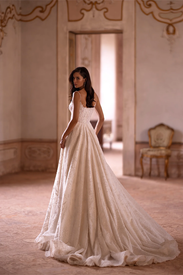 Ivory A-Line Wedding Dress with Floral Guipure Bodice – A-Line Spaghetti Strap Wedding dress with Floral Train Plus Size