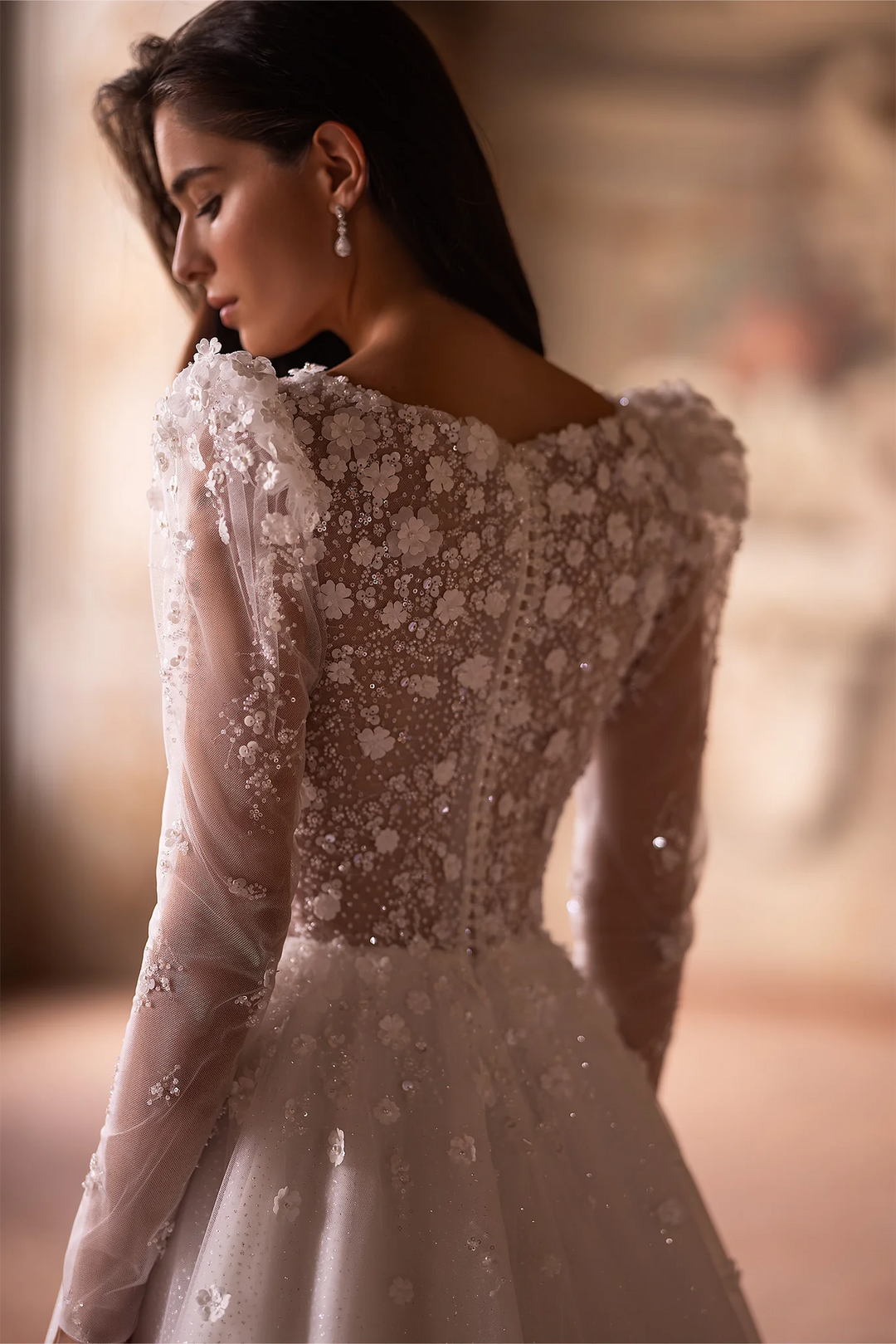 Ivory Lace A-Line Wedding Dress with Floral Embellishments – Long Sleeves Wedding Gown with Delicate Floral Detailing Plus Size