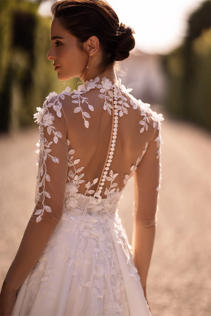 Ivory Satin Wedding Dress with Thigh Slit and V-Neck – Floral Embroidered Wedding Gown with Floral Long Sleeves Plus Size