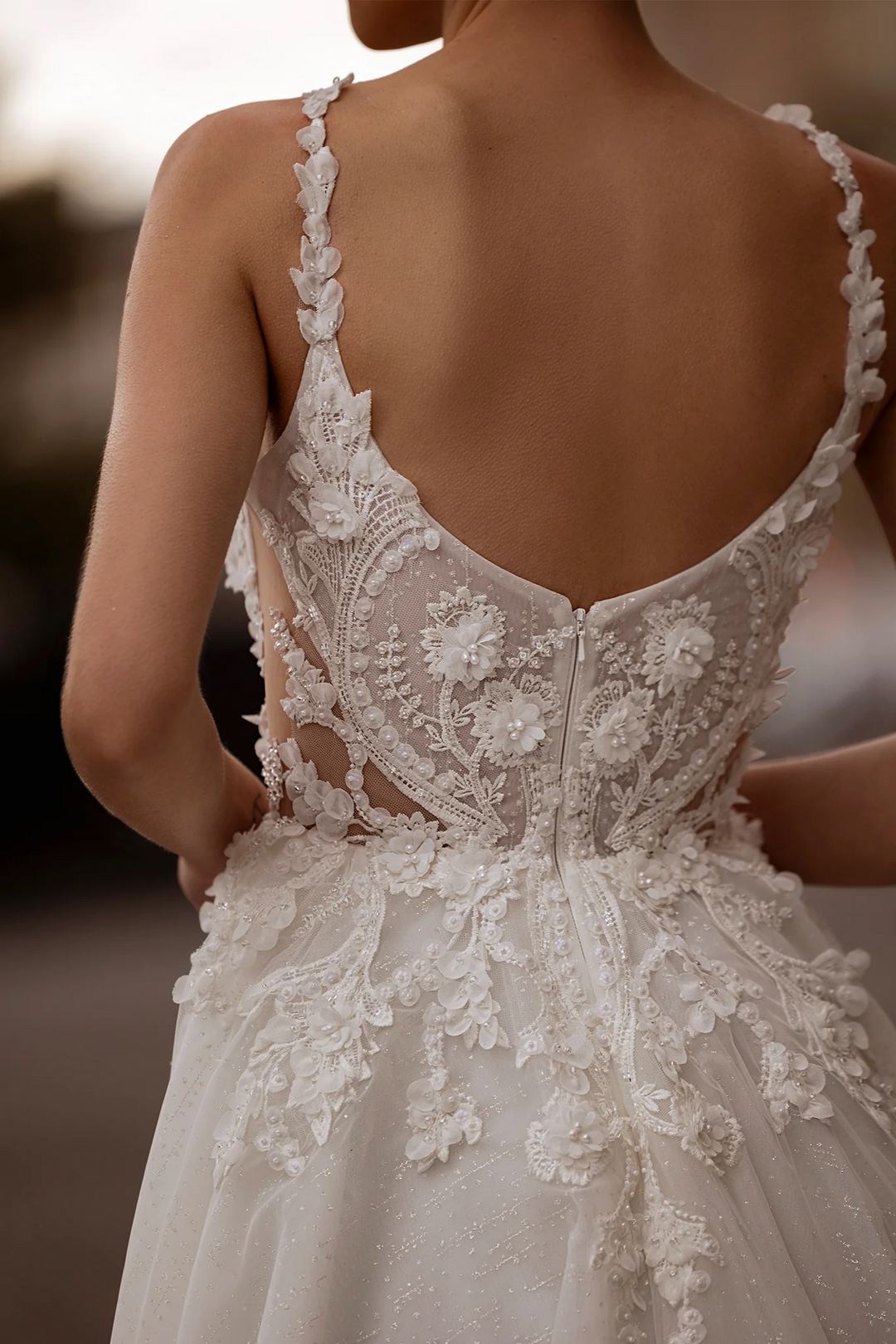 Floral Wedding Dress with Leaf Straps – Chiffon Bridal Gown with Pearl Details and Jewel Embellishments Plus Size