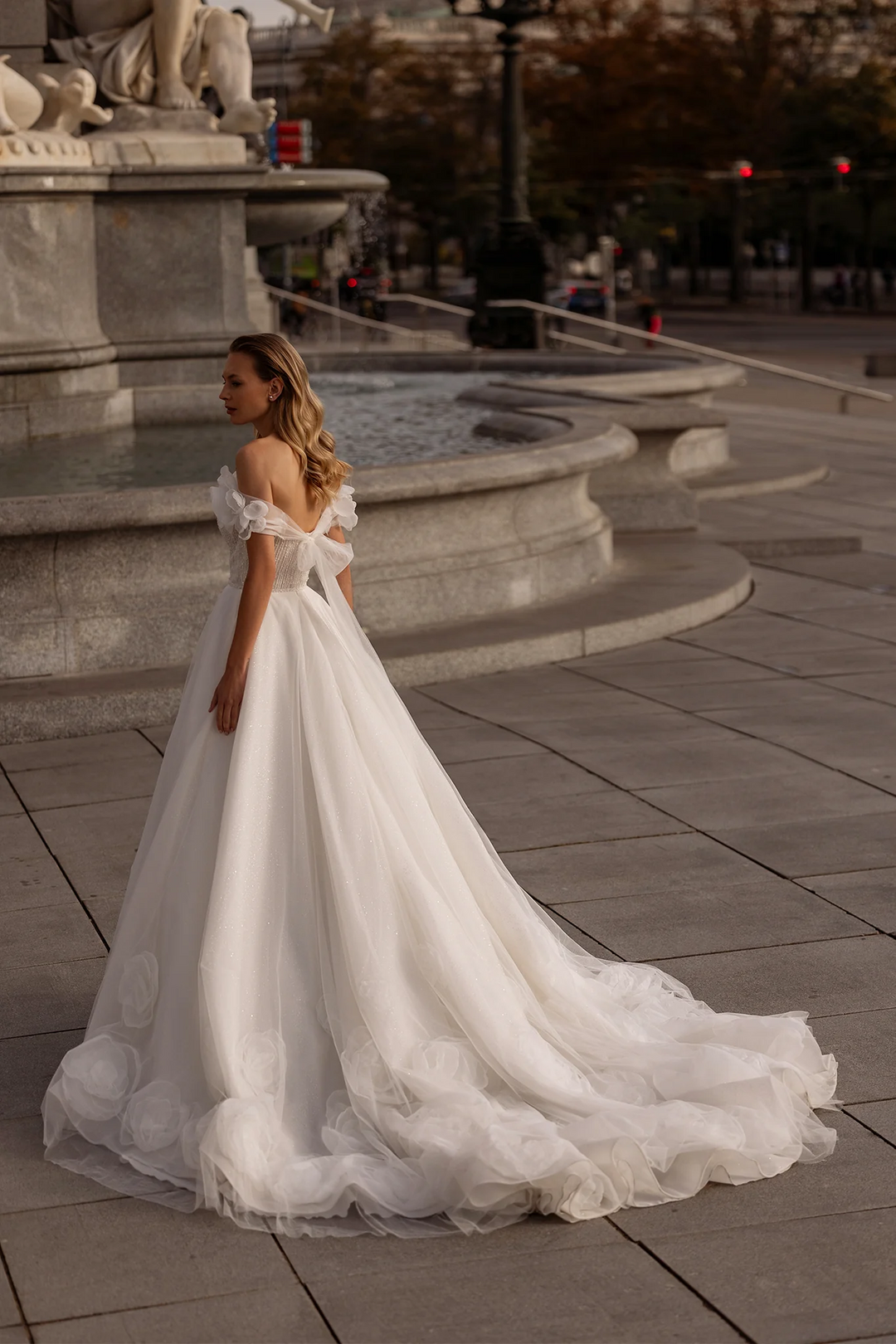 Off Shoulder Wedding Dress with Floral Sleeves – A-Line Tulle Wedding Gown    with Pearl Trim and Peony Appliqué Plus Size