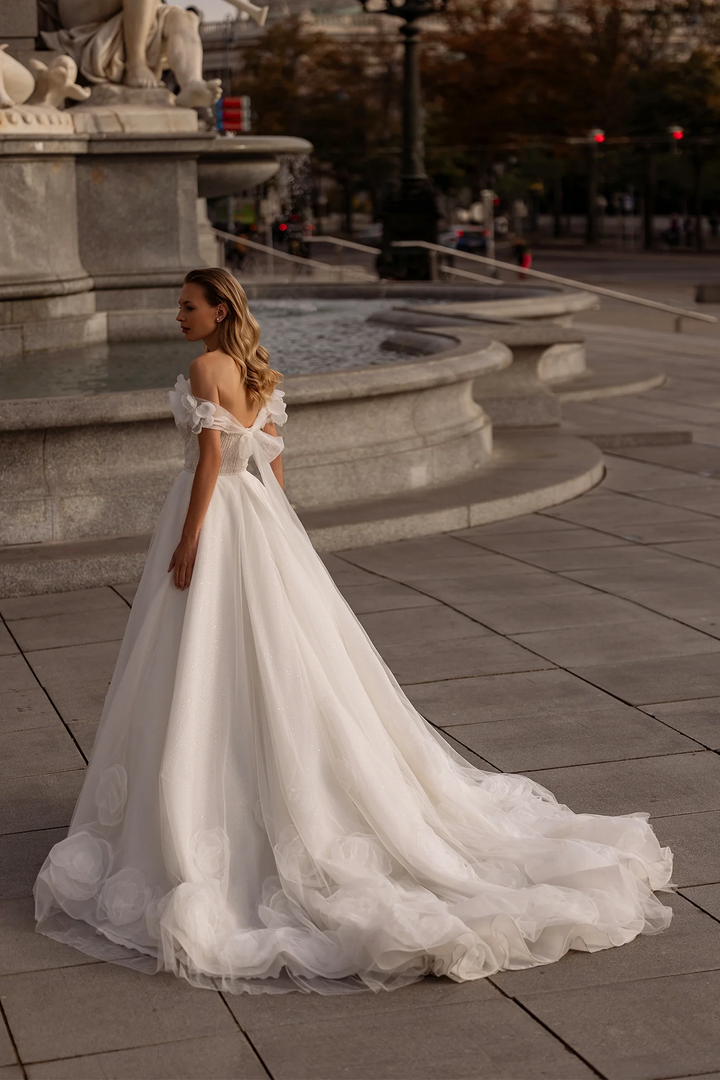 Off Shoulder Wedding Dress with Floral Sleeves – A-Line Tulle Wedding Gown    with Pearl Trim and Peony Appliqué Plus Size