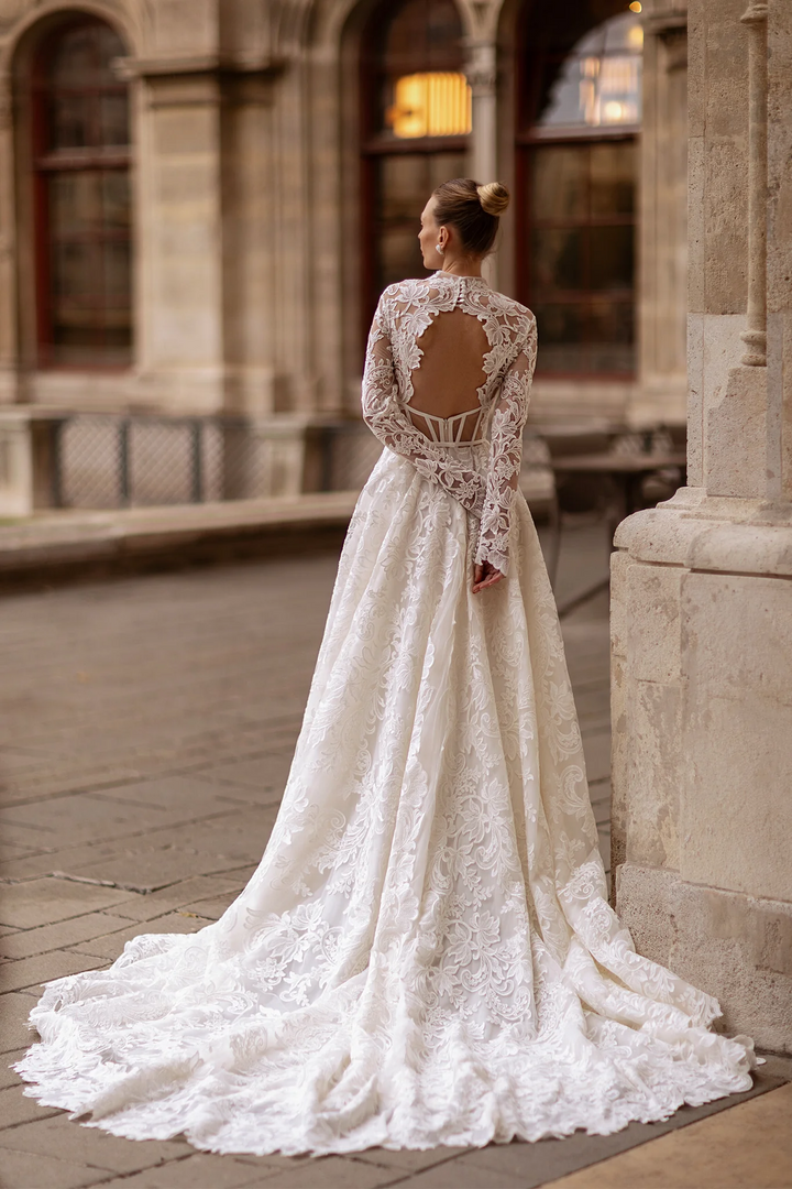 High Neck Wedding Dress with Long Sleeves – Wedding Gown Open Back Lace    with Waist Bow Plus Size